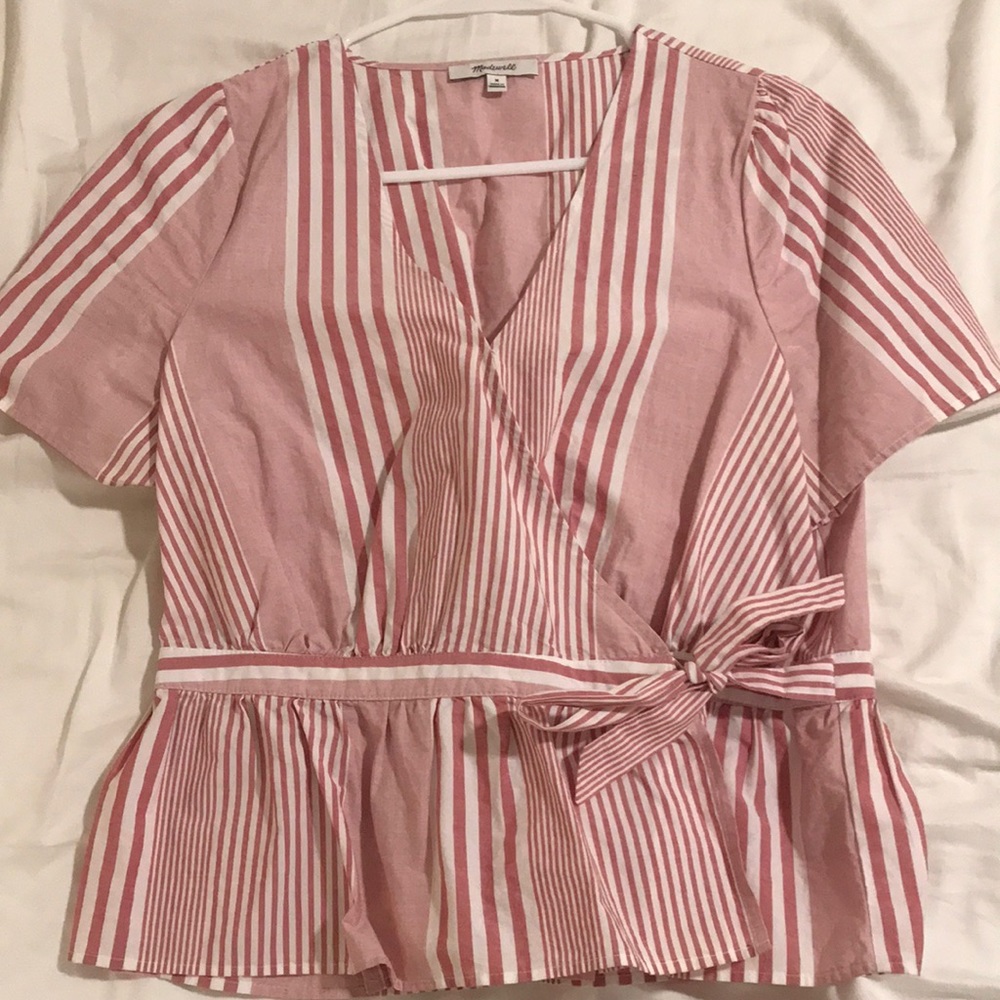 Madewell Pink stripped wrap blouse